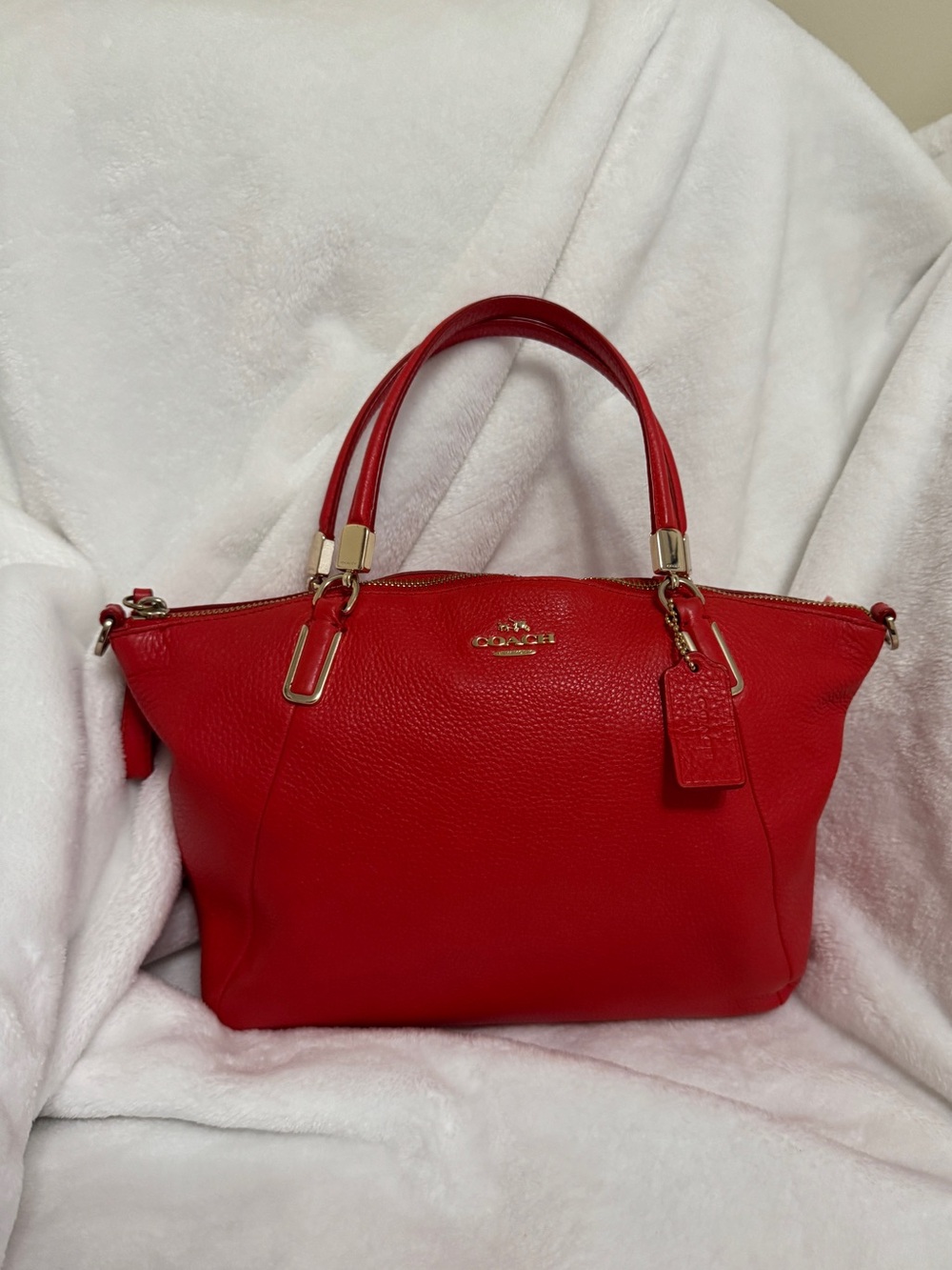 Coach Kelsey Pebbled Leather Red Small Satchel with Gold Hardware Model 34493